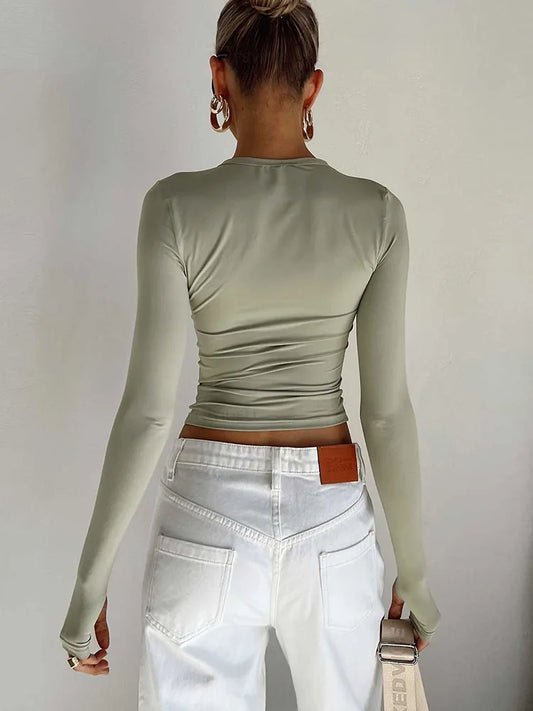 Women T-shirt, Long Sleeve Crew Neck, Solid Slim Fit, Ladies Crop Top with Thumb Holes for Daily Streetwear, Summer Camis