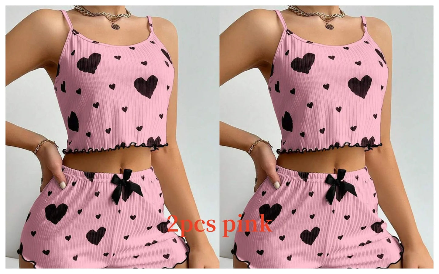 Women's Pajamas Set, Sleepwear, 2 PCS Short Tank Tops And Shorts, S M L White Ventilate Soft Casual Love Printing