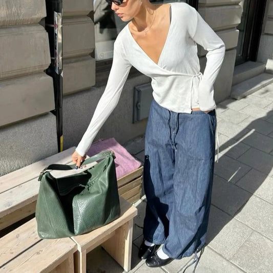Maemukilabe Street Style Tie Up Crop Tops, Ladies V Neck Bandage T-shirt, Women Slim Fit Long Sleeve, Blouse, Tees, Vintage, Clothes