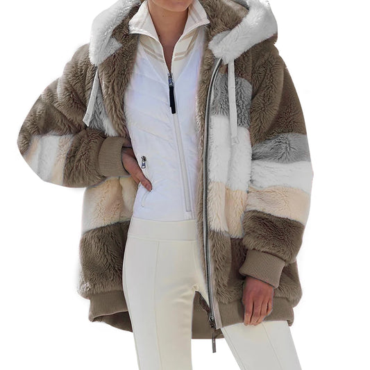 Oversized Jacket for Women, Warm Plush Pocket Hooded Streetwear, Loose Lady Zipper Cashmere Outerwear Coat