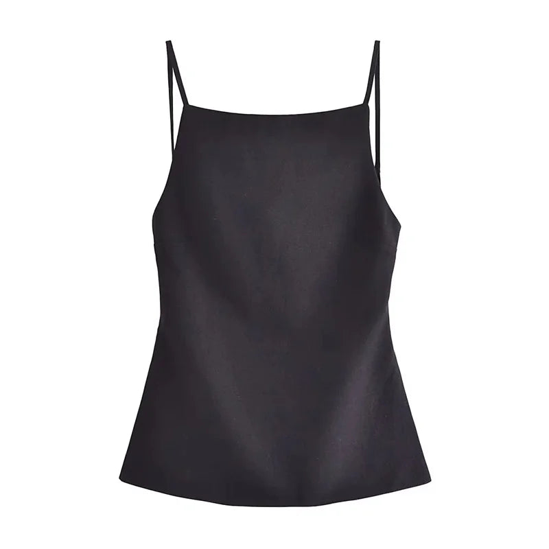 Black/White Backless Top, Sleeveless Crop Top With Straps, Women's Evening Top