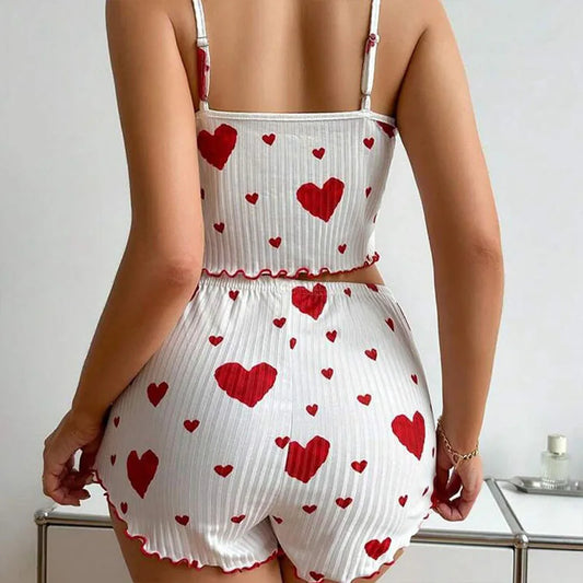 Women's Pajamas Set, Sleepwear, 2 PCS Short Tank Tops And Shorts, S M L White Ventilate Soft Casual Love Printing