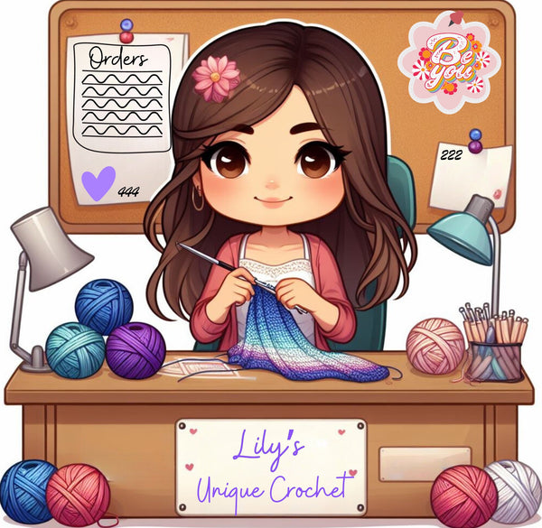 Cartoon character named Lily engaged in crochet work with yarn and tools on a desk.