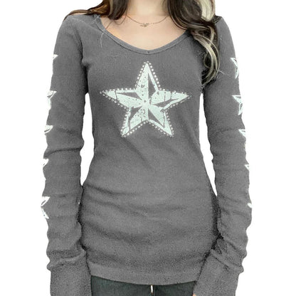 Y2K Grunge Cyber Mall Goth Thermal T-shirt, Skulls Graphic Print Long Sleeve Pullovers, Tops, Women 90s Vintage Aesthetic Tees