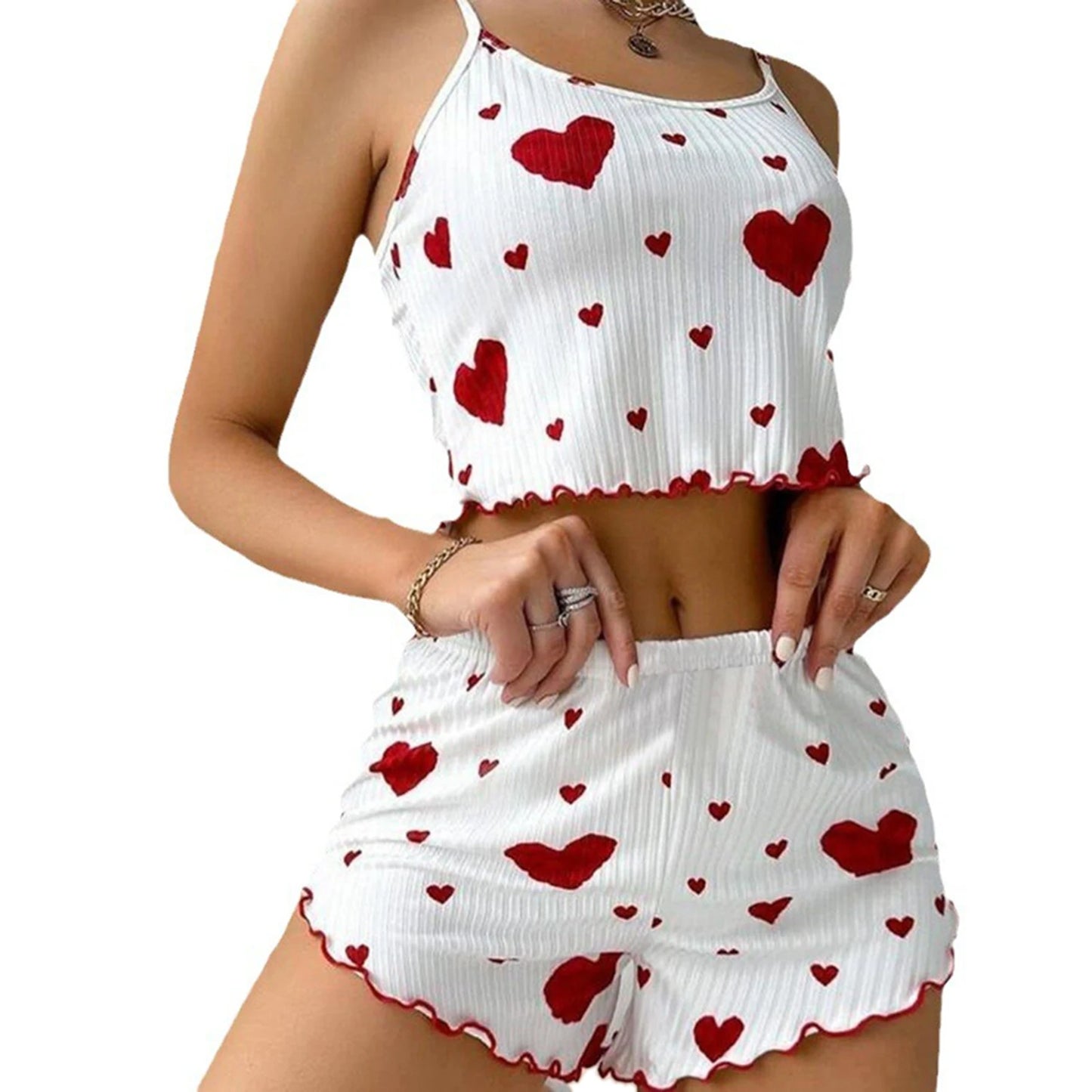 Women's Pajamas Set, Sleepwear, 2 PCS Short Tank Tops And Shorts, S M L White Ventilate Soft Casual Love Printing
