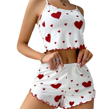 Women's Pajamas Set, Sleepwear, 2 PCS Short Tank Tops And Shorts, S M L White Ventilate Soft Casual Love Printing