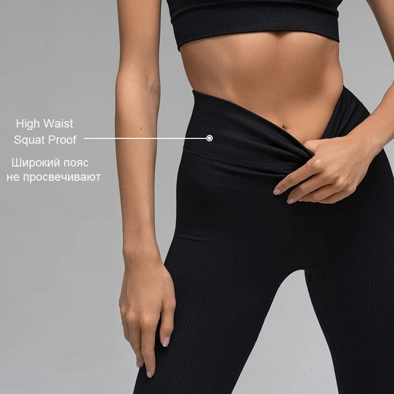 Ribbed Yoga Pants, High Waisted Gym Leggings, Women Fitness Seamless Legging, Tummy Control Tights
