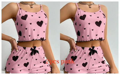 Women's Pajamas Set, Sleepwear, 2 PCS Short Tank Tops And Shorts, S M L White Ventilate Soft Casual Love Printing