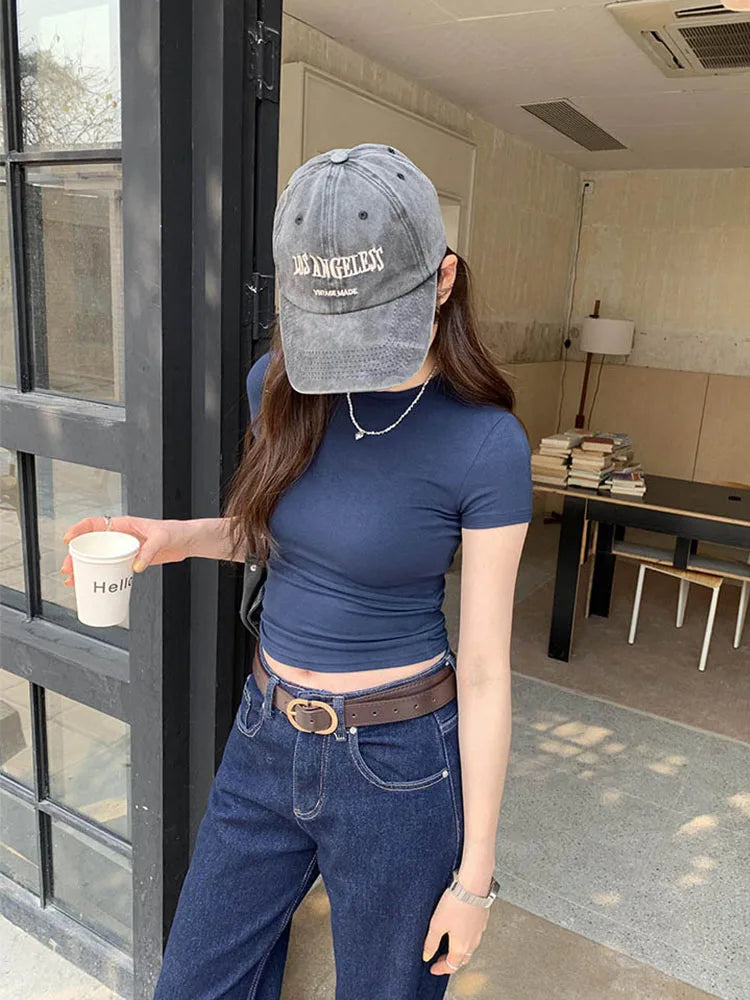 Basic Solid Crop Top, Short Sleeve Crewneck Skinny T-shirt, Summer Casual Tee for Women, y2k Vintage Top, Harajuku Streetwear