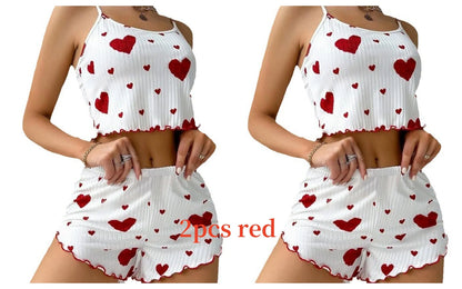 Women's Pajamas Set, Sleepwear, 2 PCS Short Tank Tops And Shorts, S M L White Ventilate Soft Casual Love Printing