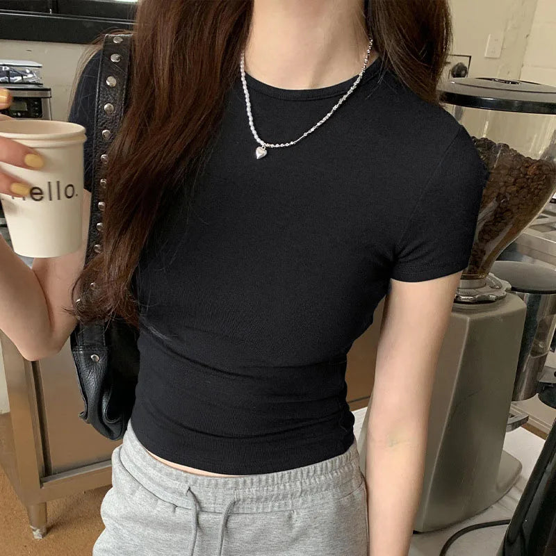 Basic Solid Crop Top, Short Sleeve Crewneck Skinny T-shirt, Summer Casual Tee for Women, y2k Vintage Top, Harajuku Streetwear