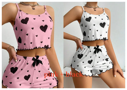 Women's Pajamas Set, Sleepwear, 2 PCS Short Tank Tops And Shorts, S M L White Ventilate Soft Casual Love Printing