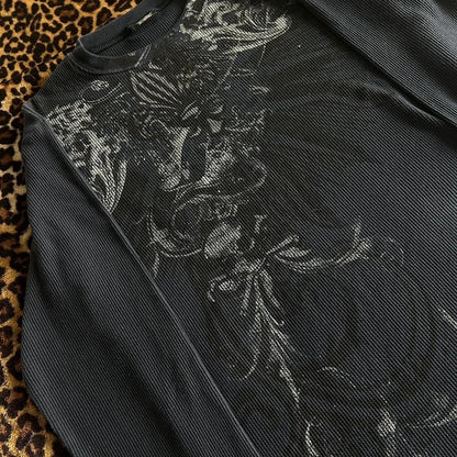 Y2K Grunge Cyber Mall Goth Thermal T-shirt, Skulls Graphic Print Long Sleeve Pullovers, Tops, Women 90s Vintage Aesthetic Tees