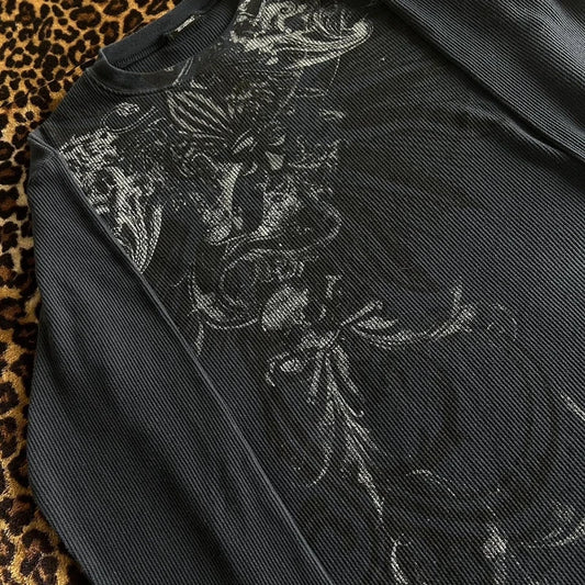 Y2K Grunge Cyber Mall Goth Thermal T-shirt, Skulls Graphic Print Long Sleeve Pullovers, Tops, Women 90s Vintage Aesthetic Tees
