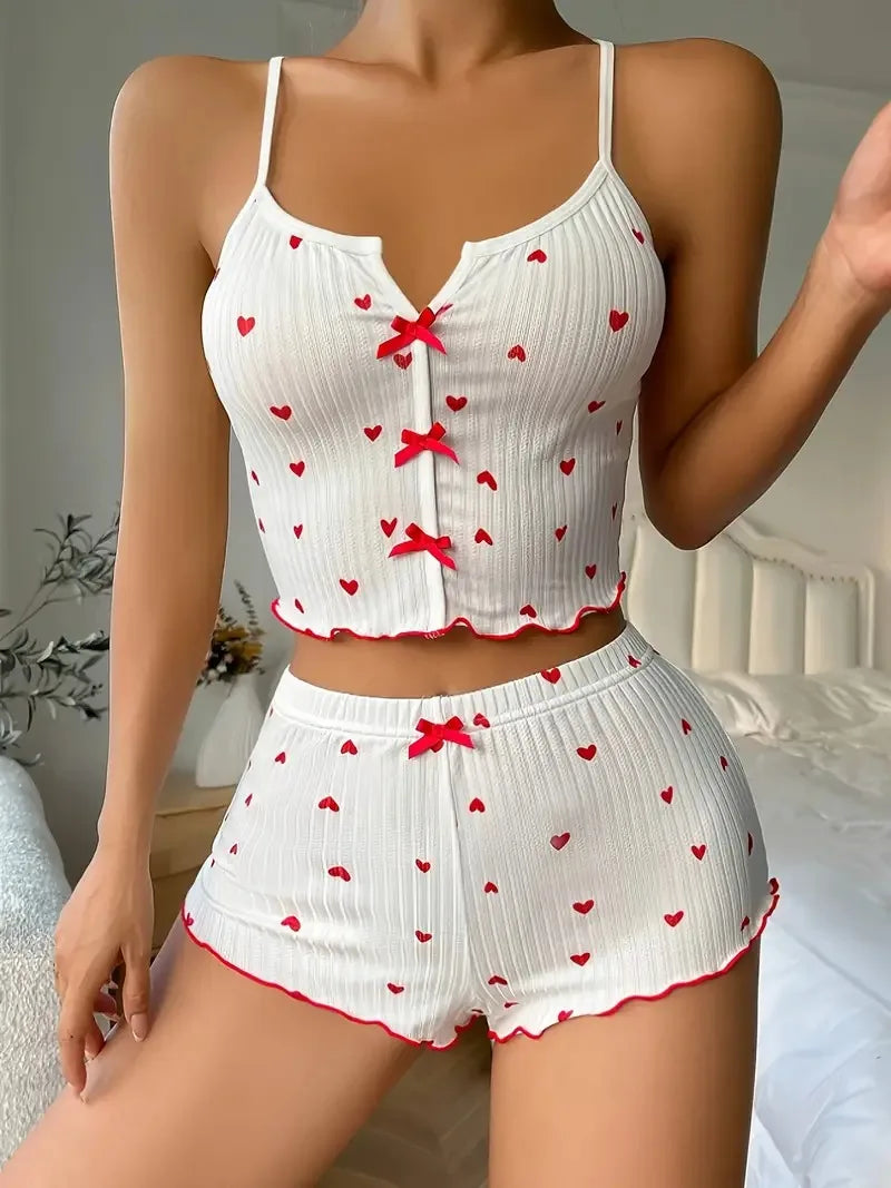 Women Sleepwear, Pajamas Set, Heart Print Soft Ribbed Fabric with Flirty Frill Trim, Casual Cami Top and Shorts Sets, Loungewear