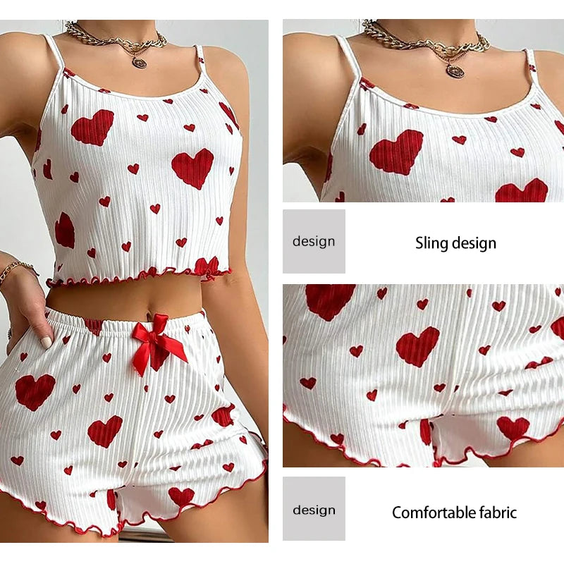 Women's Pajamas Set, Sleepwear, 2 PCS Short Tank Tops And Shorts, S M L White Ventilate Soft Casual Love Printing
