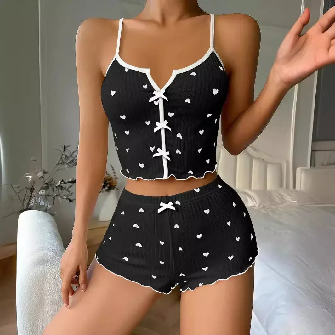 Women Sleepwear, Pajamas Set, Heart Print Soft Ribbed Fabric with Flirty Frill Trim, Casual Cami Top and Shorts Sets, Loungewear