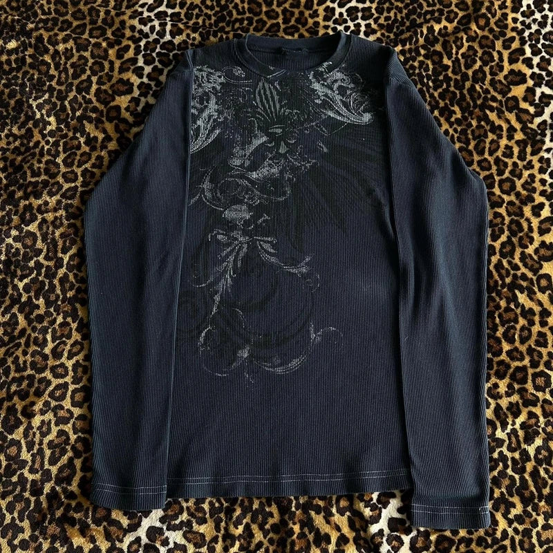 Y2K Grunge Cyber Mall Goth Thermal T-shirt, Skulls Graphic Print Long Sleeve Pullovers, Tops, Women 90s Vintage Aesthetic Tees