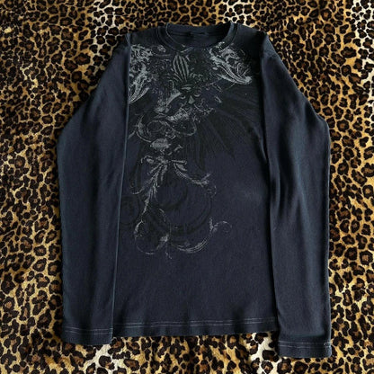 Y2K Grunge Cyber Mall Goth Thermal T-shirt, Skulls Graphic Print Long Sleeve Pullovers, Tops, Women 90s Vintage Aesthetic Tees