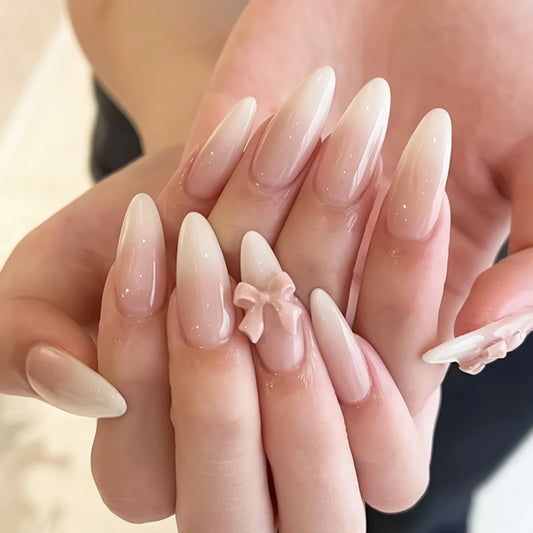 Gentle Women Almond Fake Nails 24Pcs Nude Color Press On Nails 3D Pink Bowknot Decor Full Cover Acrylic False Nails Patches
