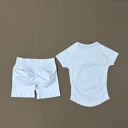 2 Pieces Impact Sports Sets, Short Sleeve Seamless Yoga Top, Fitness Set, Women Workout Running Sports Shorts Gym Suit