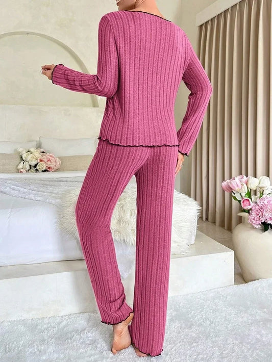 Women's Winter Sleepwear, Ribbed Pajamas Set, Long Sleeve Top and Long Pants, 2 Piece Set, Casual Homewear Loungewear