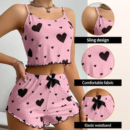 Women's Pajamas Set, Sleepwear, 2 PCS Short Tank Tops And Shorts, S M L White Ventilate Soft Casual Love Printing