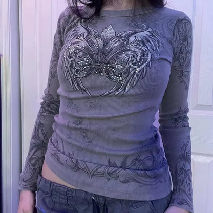 Y2K Grunge Cyber Mall Goth Thermal T-shirt, Skulls Graphic Print Long Sleeve Pullovers, Tops, Women 90s Vintage Aesthetic Tees