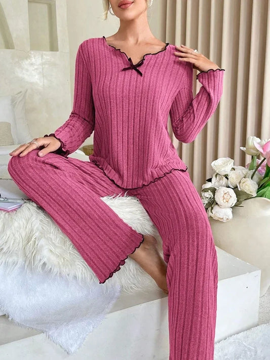 Women's Winter Sleepwear, Ribbed Pajamas Set, Long Sleeve Top and Long Pants, 2 Piece Set, Casual Homewear Loungewear