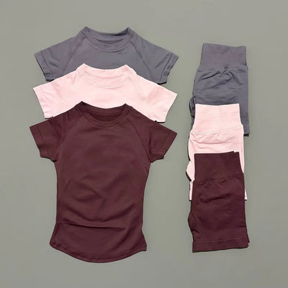 2 Pieces Impact Sports Sets, Short Sleeve Seamless Yoga Top, Fitness Set, Women Workout Running Sports Shorts Gym Suit