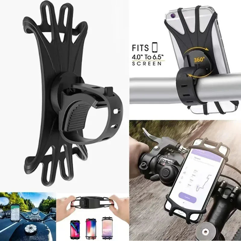 360 Rotatable Bike Motorcycle Phone Holder Silicone Bracket Support Pull Type Safe Mount For All Smartphones Cycling Stand