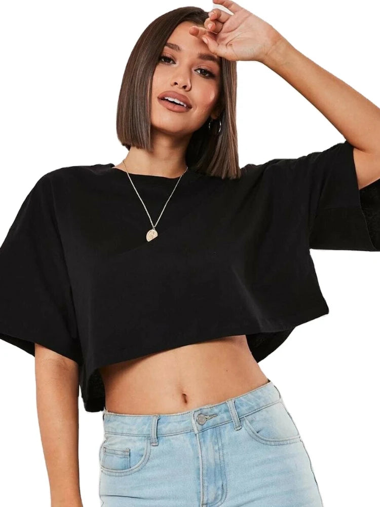 Cotton Women Short Sleeve, Yoga Fitness Crop Top, Sport T-shirt, Loose Gym Workout Shirts