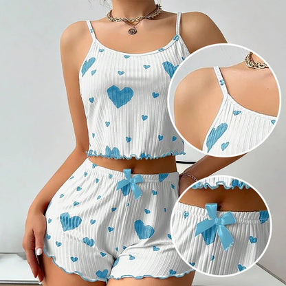 Women's Pajamas Set, Sleepwear, 2 PCS Short Tank Tops And Shorts, S M L White Ventilate Soft Casual Love Printing