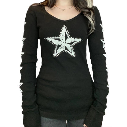 Y2K Grunge Cyber Mall Goth Thermal T-shirt, Skulls Graphic Print Long Sleeve Pullovers, Tops, Women 90s Vintage Aesthetic Tees