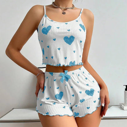 Women's Pajamas Set, Sleepwear, 2 PCS Short Tank Tops And Shorts, S M L White Ventilate Soft Casual Love Printing