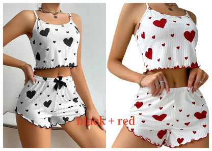Women's Pajamas Set, Sleepwear, 2 PCS Short Tank Tops And Shorts, S M L White Ventilate Soft Casual Love Printing