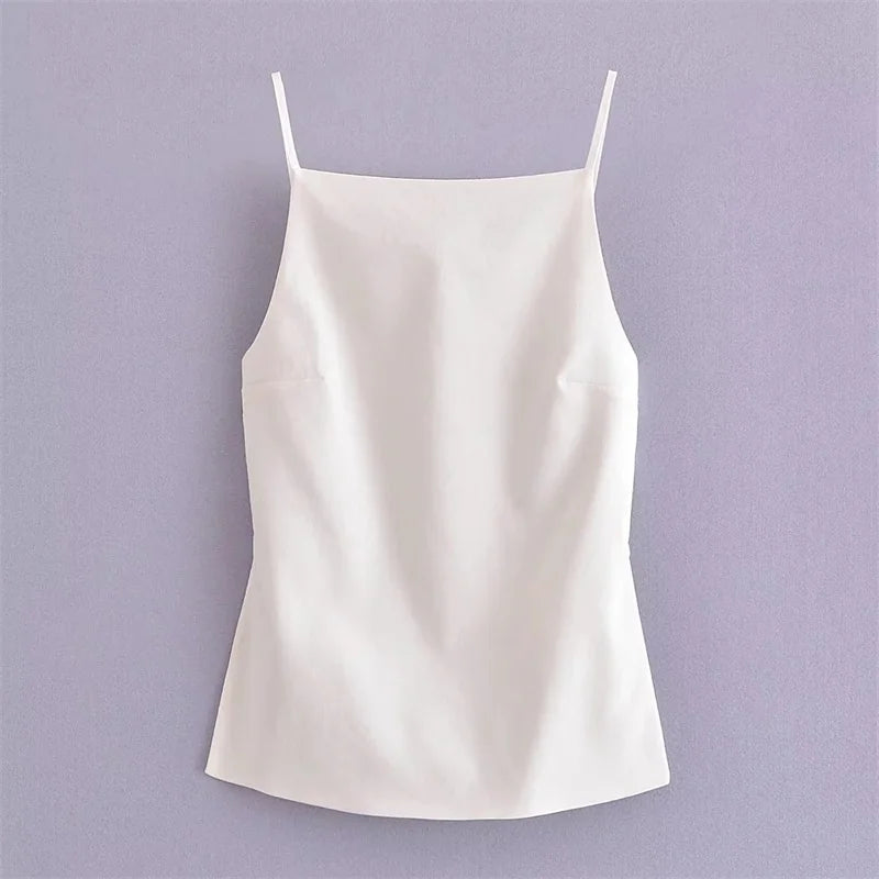 Black/White Backless Top, Sleeveless Crop Top With Straps, Women's Evening Top