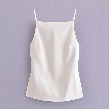 Black/White Backless Top, Sleeveless Crop Top With Straps, Women's Evening Top