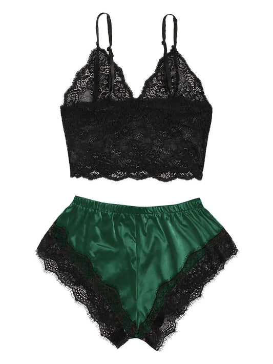 Women's 2 Piece Lace Pajama Set, Bralette Cami Top and Shorts, Breathable Sleepwear, Plus Size Summer Lingerie