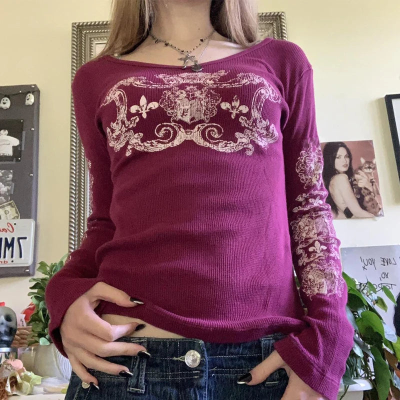 Y2K Grunge Cyber Mall Goth Thermal T-shirt, Skulls Graphic Print Long Sleeve Pullovers, Tops, Women 90s Vintage Aesthetic Tees