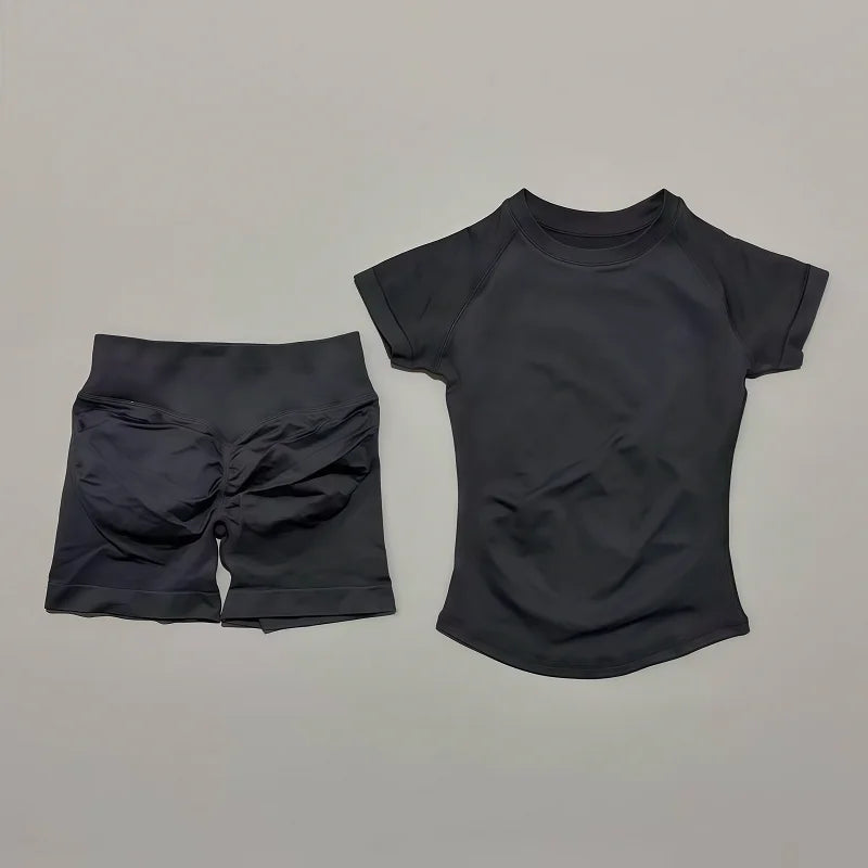 2 Pieces Impact Sports Sets, Short Sleeve Seamless Yoga Top, Fitness Set, Women Workout Running Sports Shorts Gym Suit