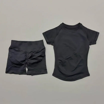 2 Pieces Impact Sports Sets, Short Sleeve Seamless Yoga Top, Fitness Set, Women Workout Running Sports Shorts Gym Suit