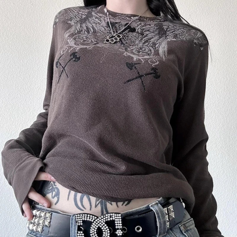 Y2K Grunge Cyber Mall Goth Thermal T-shirt, Skulls Graphic Print Long Sleeve Pullovers, Tops, Women 90s Vintage Aesthetic Tees