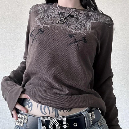 Y2K Grunge Cyber Mall Goth Thermal T-shirt, Skulls Graphic Print Long Sleeve Pullovers, Tops, Women 90s Vintage Aesthetic Tees