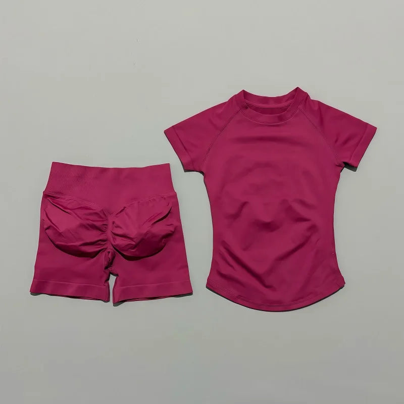 2 Pieces Impact Sports Sets, Short Sleeve Seamless Yoga Top, Fitness Set, Women Workout Running Sports Shorts Gym Suit
