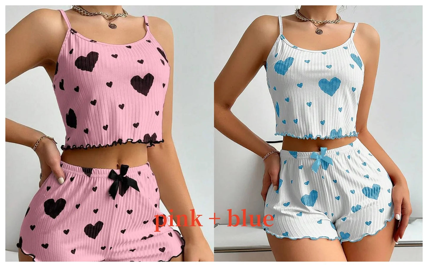 Women's Pajamas Set, Sleepwear, 2 PCS Short Tank Tops And Shorts, S M L White Ventilate Soft Casual Love Printing
