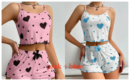 Women's Pajamas Set, Sleepwear, 2 PCS Short Tank Tops And Shorts, S M L White Ventilate Soft Casual Love Printing