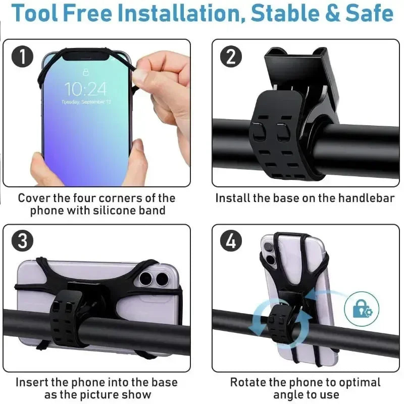 360 Rotatable Bike Motorcycle Phone Holder Silicone Bracket Support Pull Type Safe Mount For All Smartphones Cycling Stand