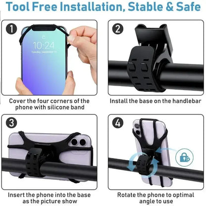 360 Rotatable Bike Motorcycle Phone Holder Silicone Bracket Support Pull Type Safe Mount For All Smartphones Cycling Stand