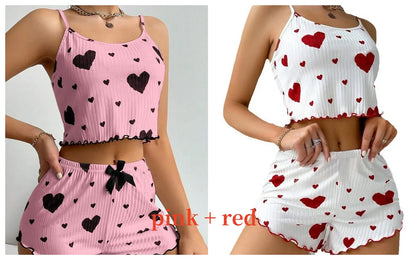 Women's Pajamas Set, Sleepwear, 2 PCS Short Tank Tops And Shorts, S M L White Ventilate Soft Casual Love Printing